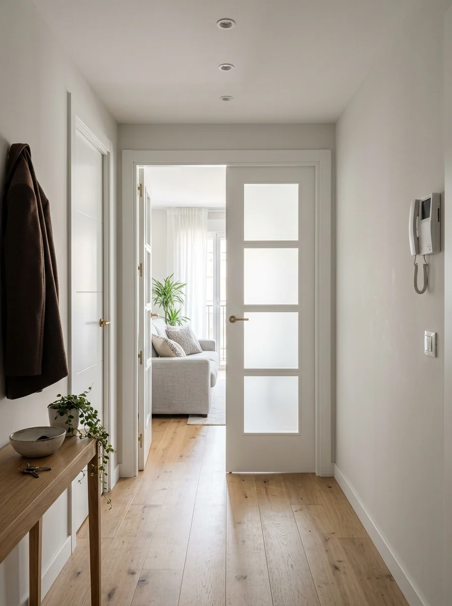 Recibidor de un piso de Madrid con una puerta lacada en blanco de cuatro cristales
